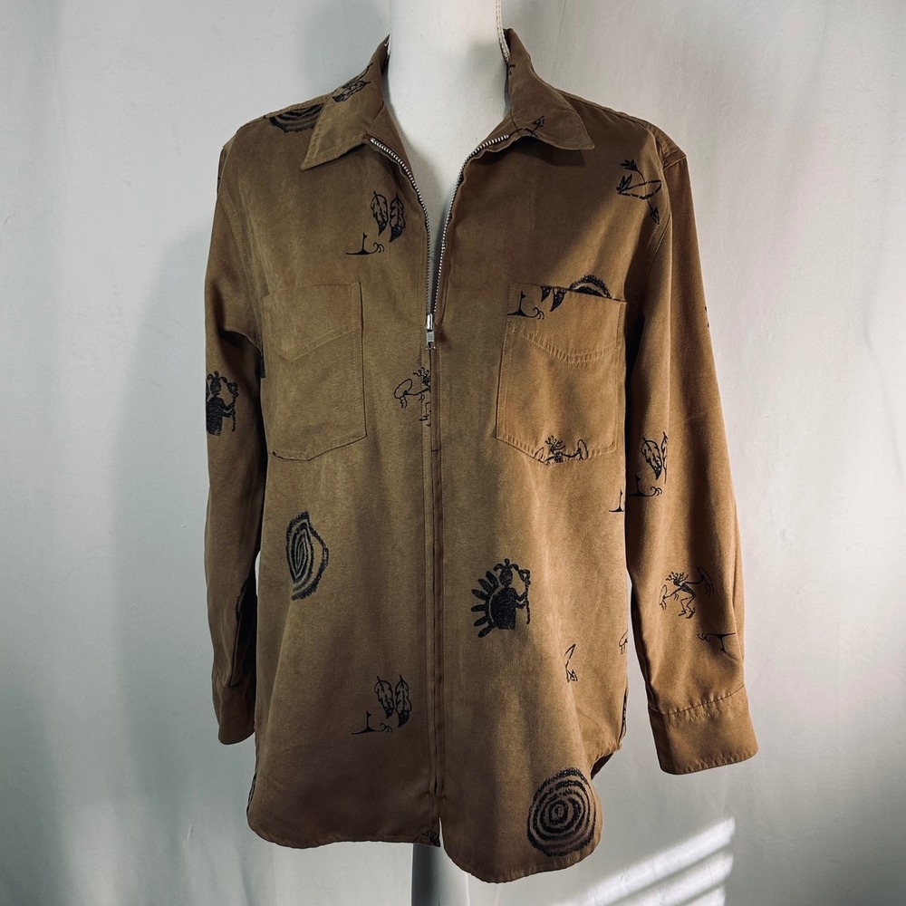 Chicos Southwestern Kokopelli Graphic Zip‎ Up Shirt Jacket Tan Faux Suede size 0